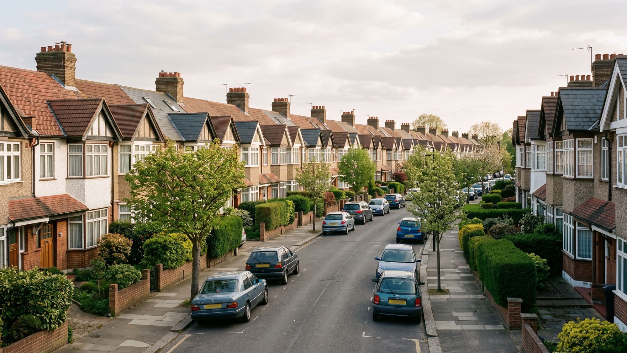 A quiet residential street of semi-detached houses with tiled roofs and chimneys