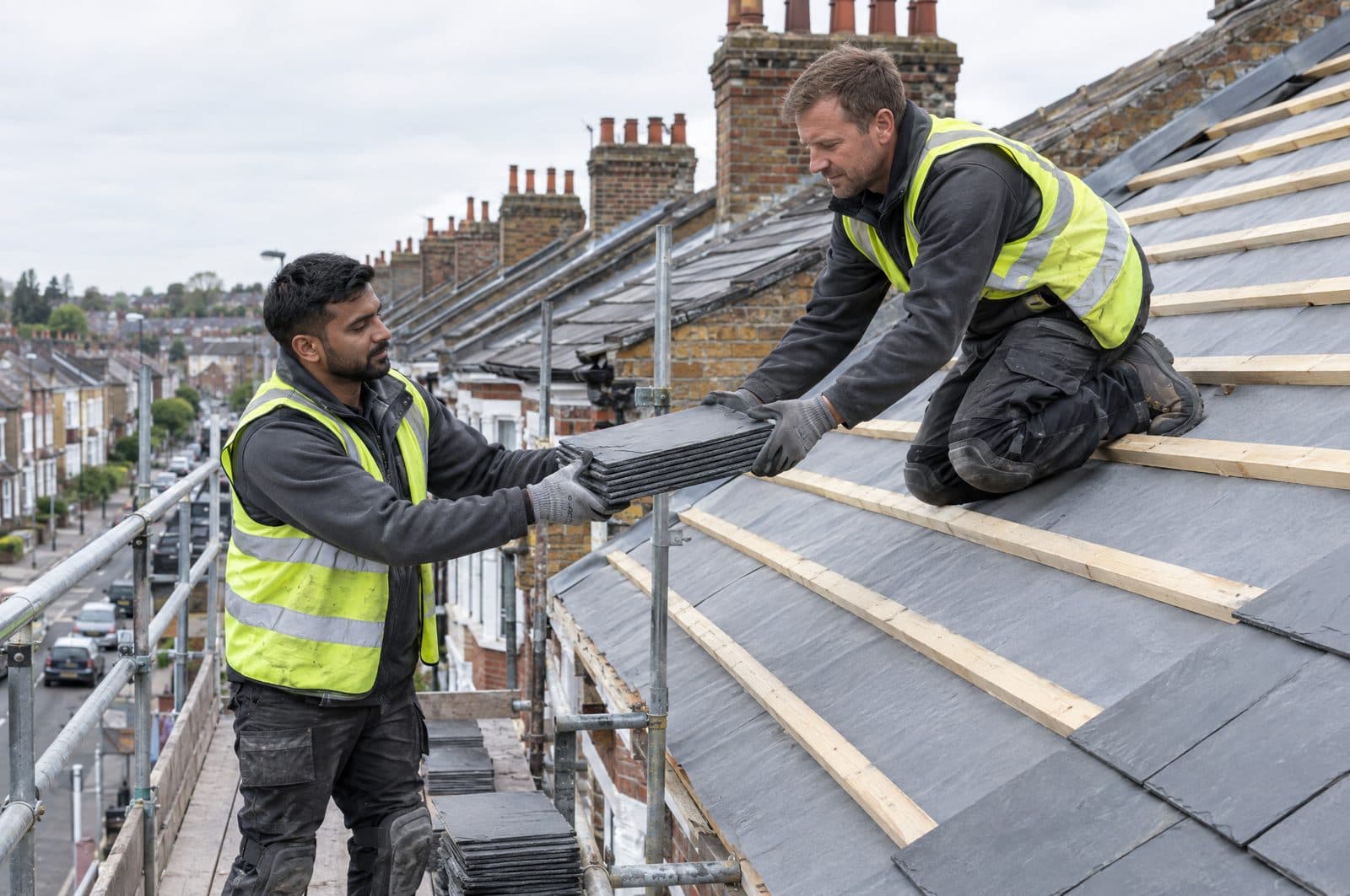Two roofers on a scaffold, one passing new slates up to the other as he fixes battens over breathable membrane on a terraced-house roof