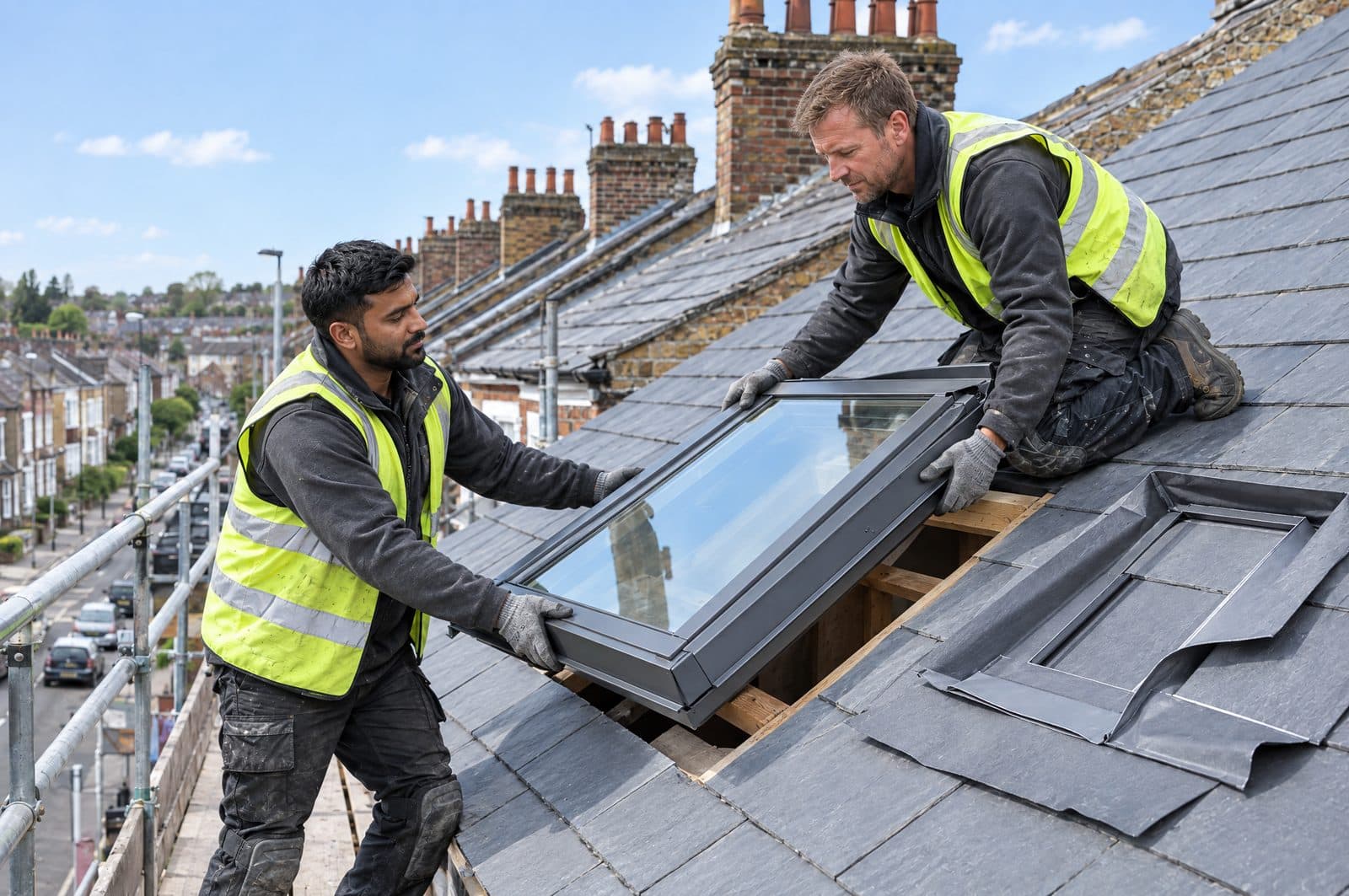 Two roofers lowering a new roof window into an opening cut in a slate roof