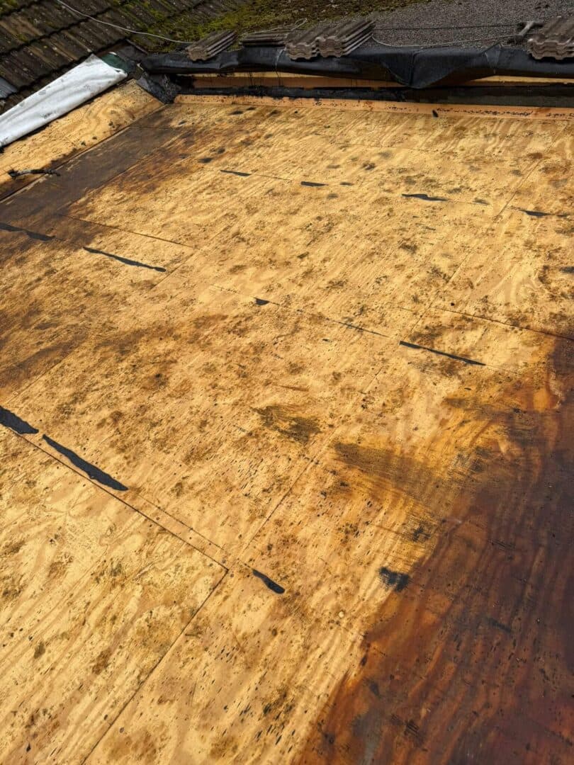 A flat roof with its old covering removed and the timber deck exposed, the tiled roof edge above