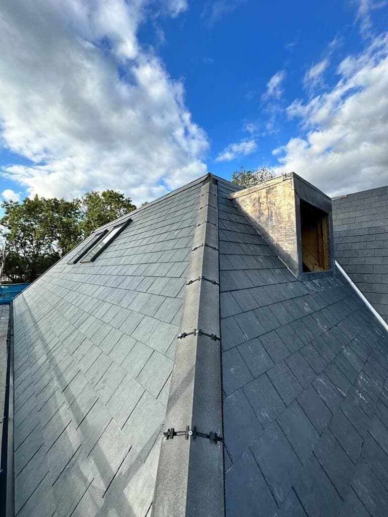 A slate hip roof with a dormer cheek and a rooflight under a bright blue sky