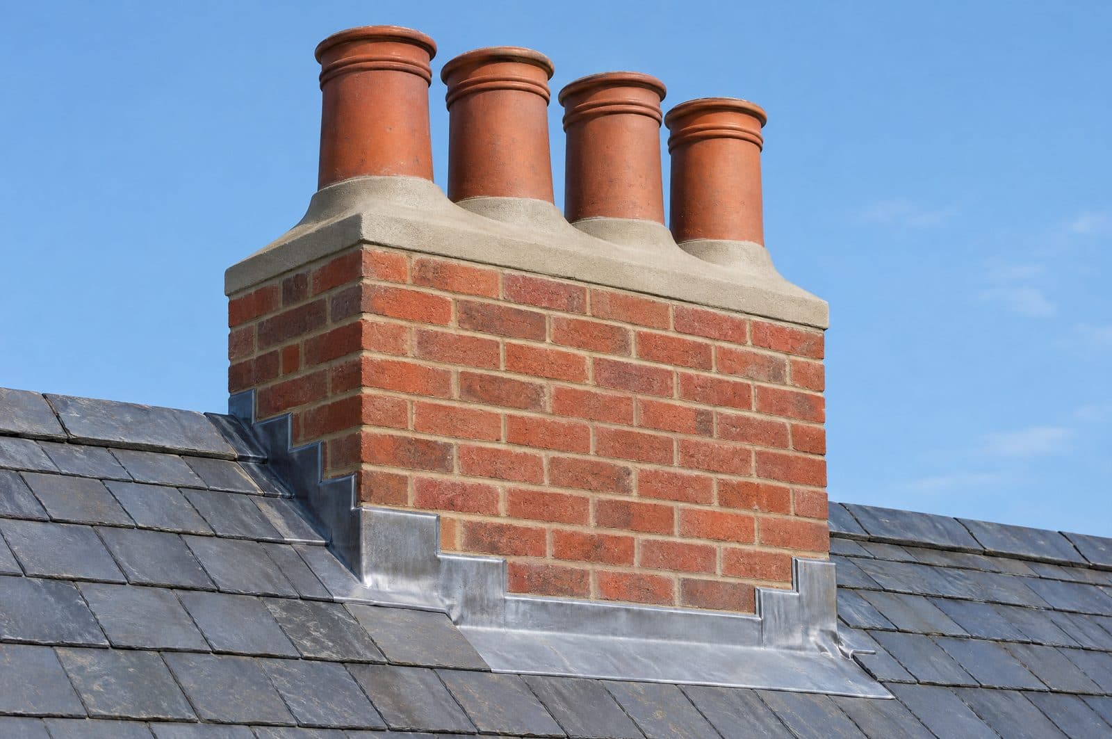 The same chimney repointed, with new flaunching around the pots and new stepped lead flashing