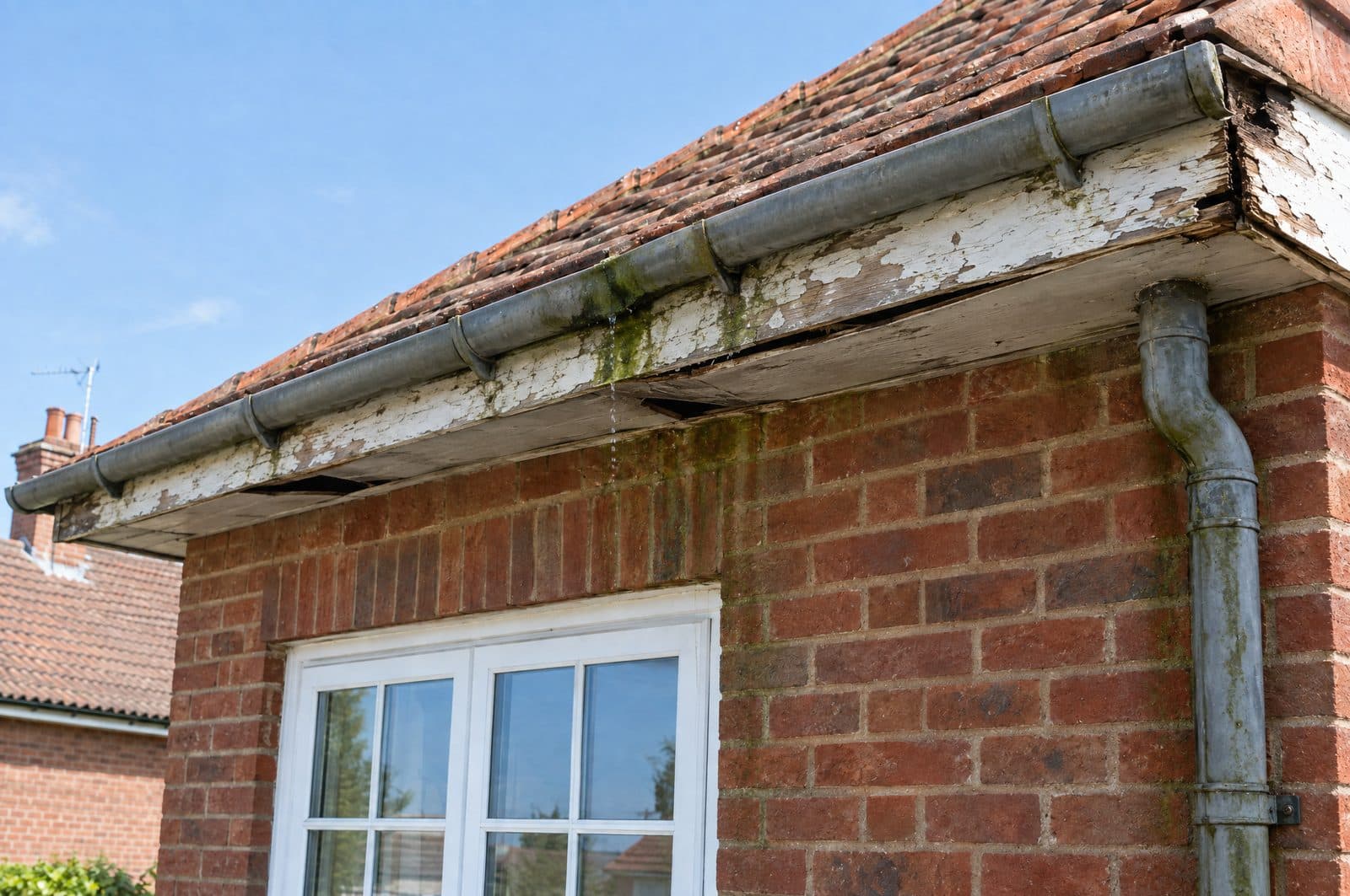 Eaves with rotten peeling timber fascia and a sagging leaking gutter staining the brickwork
