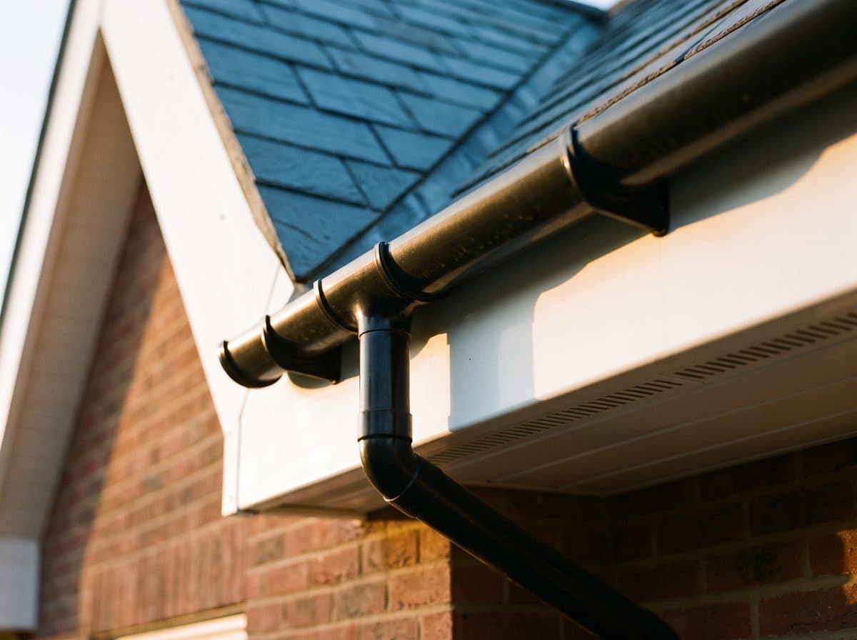 White uPVC fascia and soffit with black half-round guttering along the edge of a slate roof