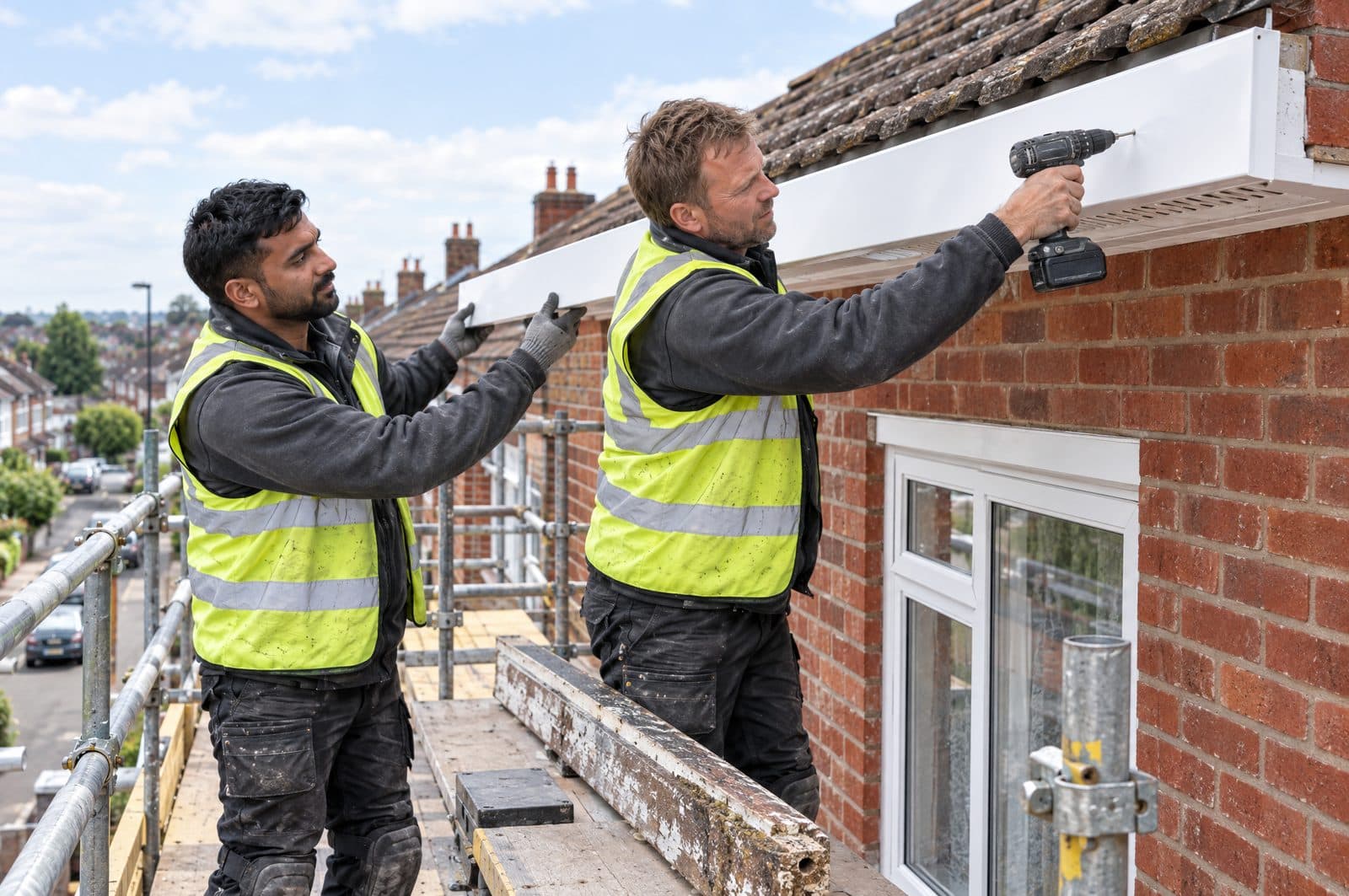 Two roofers on a scaffold fixing a new white uPVC fascia board, one holding it level while the other drills the fixings