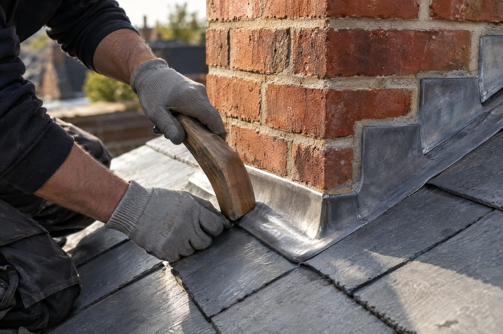 Gloved hands dressing new lead flashing around the base of a brick chimney with a wooden lead dresser