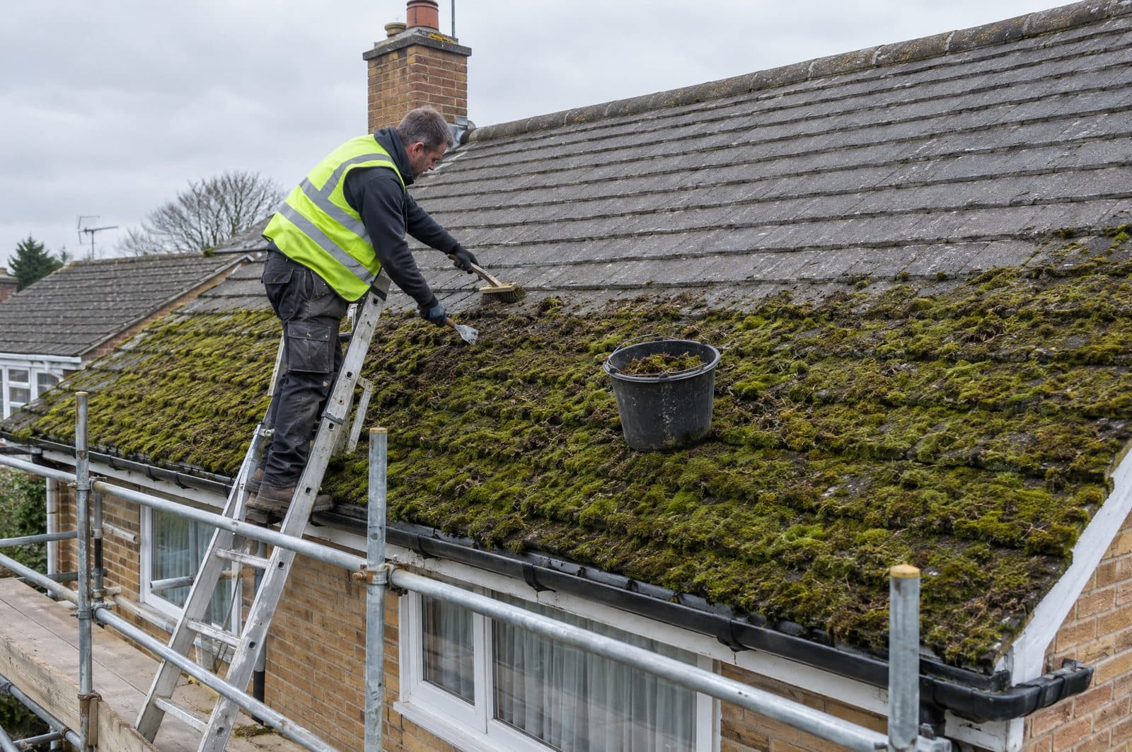 A roofer brushing thick moss off a tiled roof, the upper half already clean